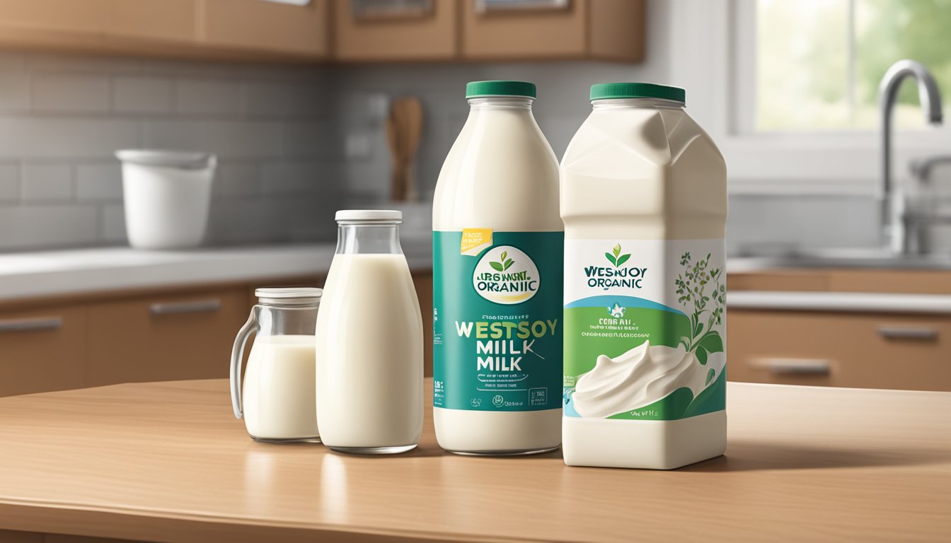 A carton of WestSoy Organic Soy Milk sits unopened on a kitchen counter, next to a stack of clean dishes