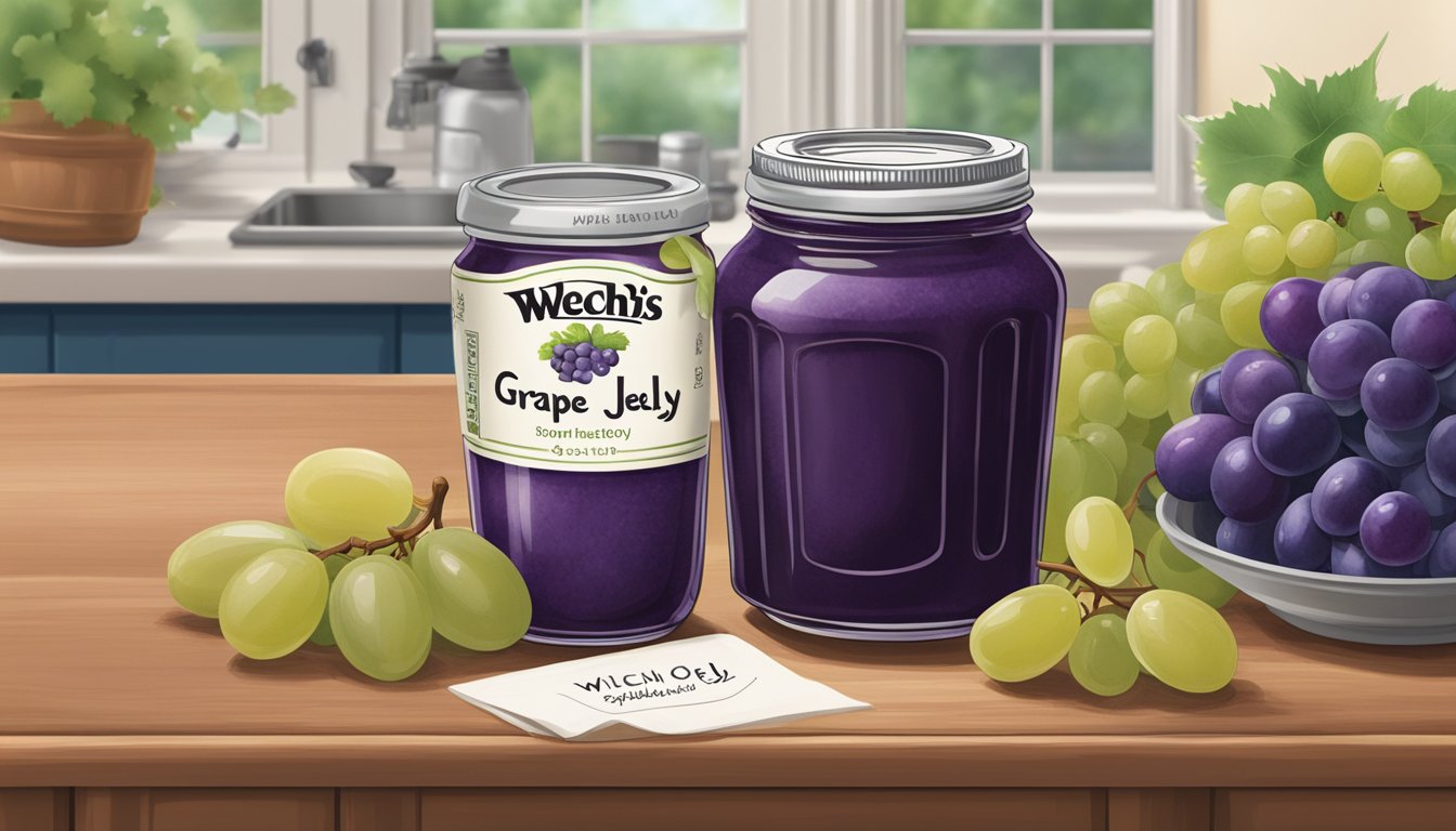 A jar of Welch's Grape Jelly sits on a kitchen counter, surrounded by fresh grapes and a handwritten label with the expiration date