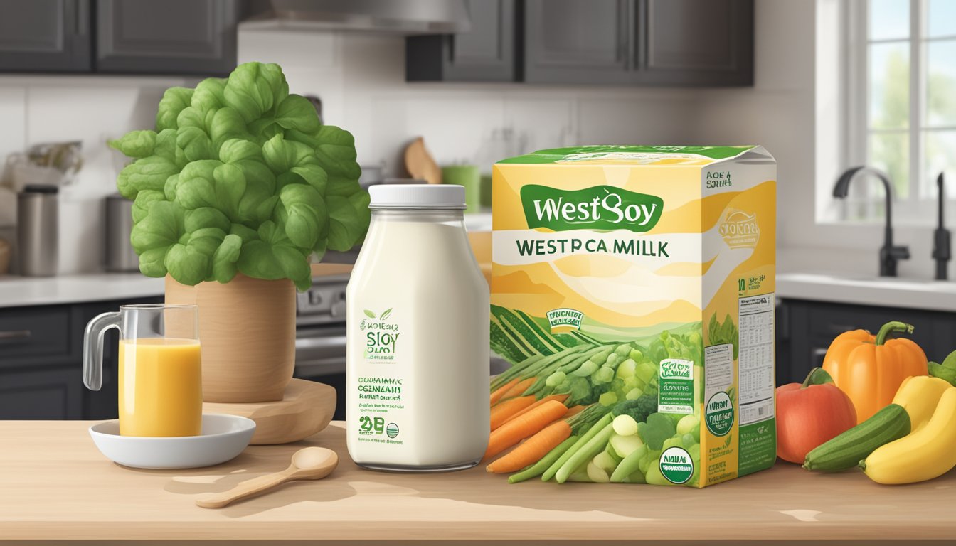 A carton of WestSoy Organic Soy Milk sits on a kitchen counter, surrounded by fresh produce and a calendar indicating the current date