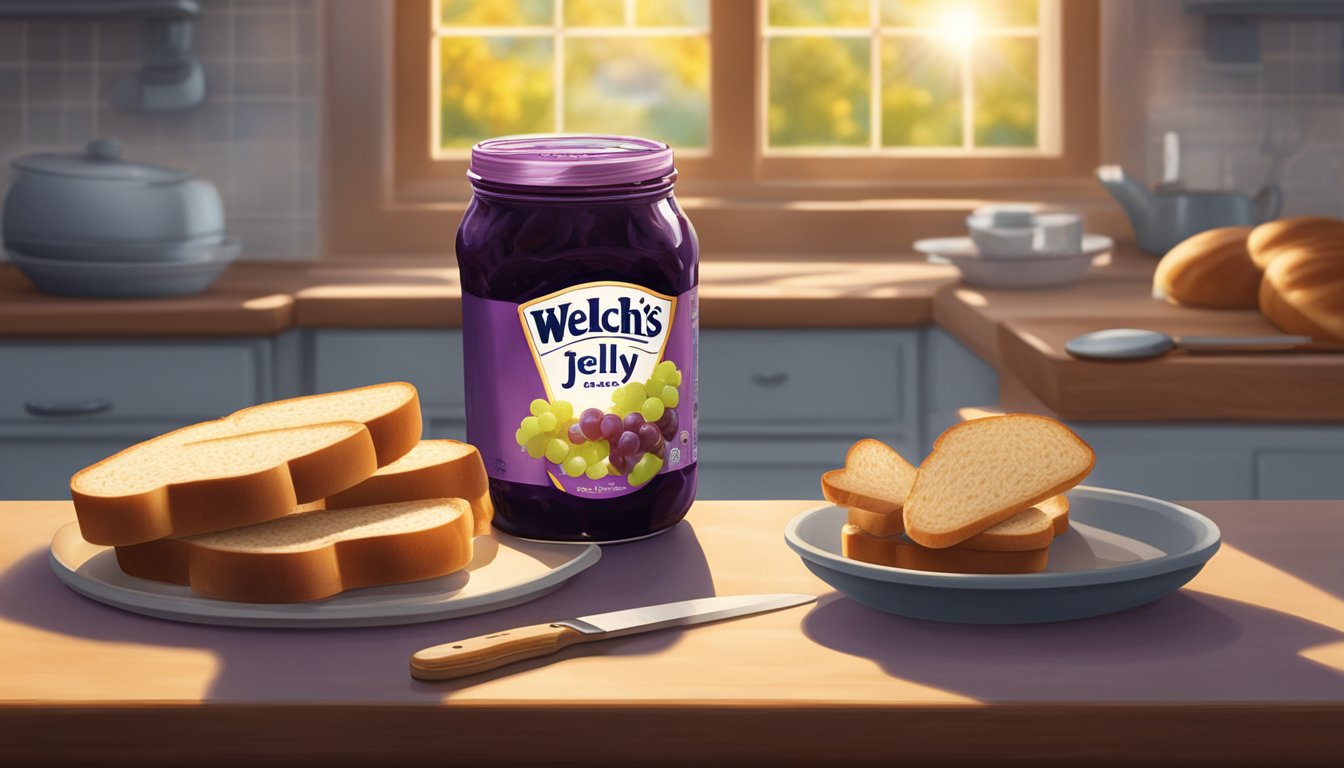 A jar of Welch's Grape Jelly sits on a kitchen counter, surrounded by slices of bread and a spreading knife. Sunlight streams in through a nearby window, casting a warm glow over the scene