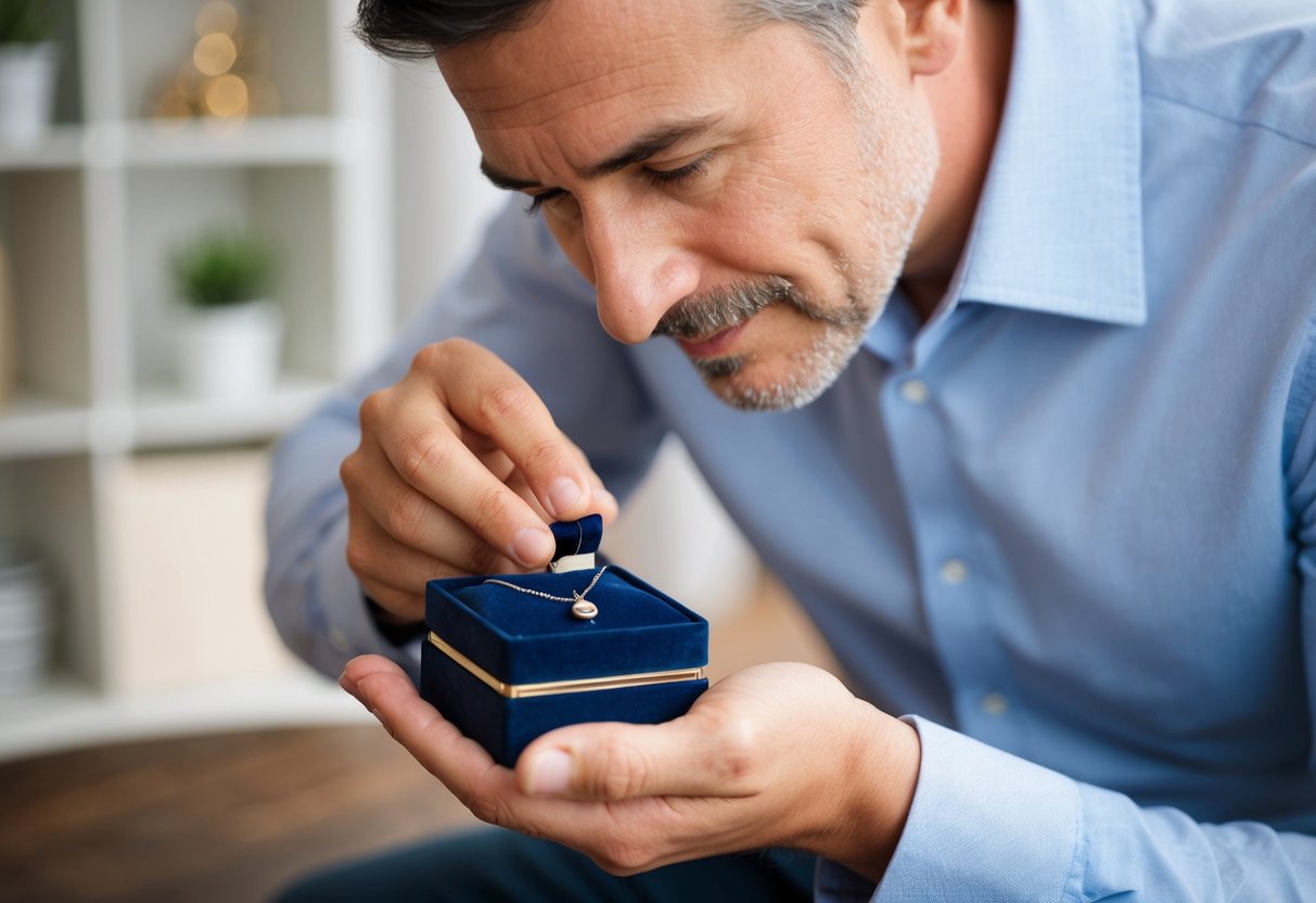 A father placing a delicate necklace into a small jewelry box, with a tear in his eye