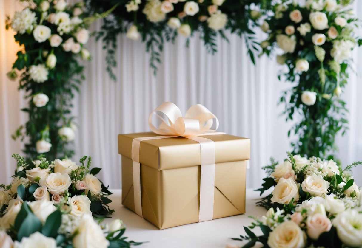 A beautifully wrapped gift box with a ribbon and bow, surrounded by elegant floral arrangements and a decorative wedding backdrop