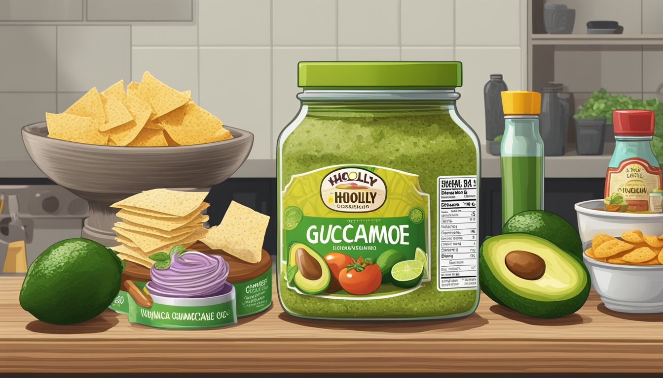 A jar of Wholly Guacamole Classic Guacamole sits on a kitchen shelf, surrounded by other condiments and snacks. The expiration date on the label is prominently displayed