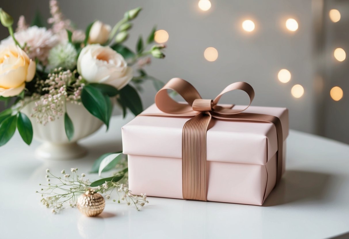 A beautifully wrapped gift box with a ribbon and bow, placed on a table next to a delicate floral arrangement