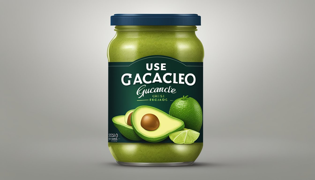 A jar of Wholly Guacamole Classic Guacamole stored in a refrigerator, with a "use by" date clearly visible on the label