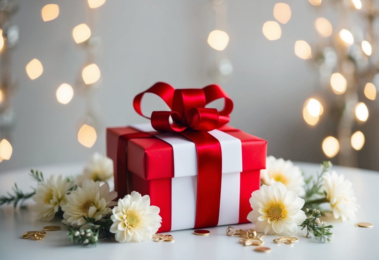 A beautifully wrapped gift box sits on a table, surrounded by delicate flowers and elegant decorations