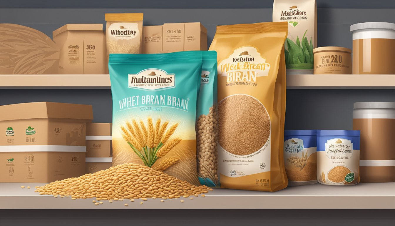 A bag of wheat bran sits on a pantry shelf, surrounded by other dry goods. The packaging is unopened and the product appears fresh