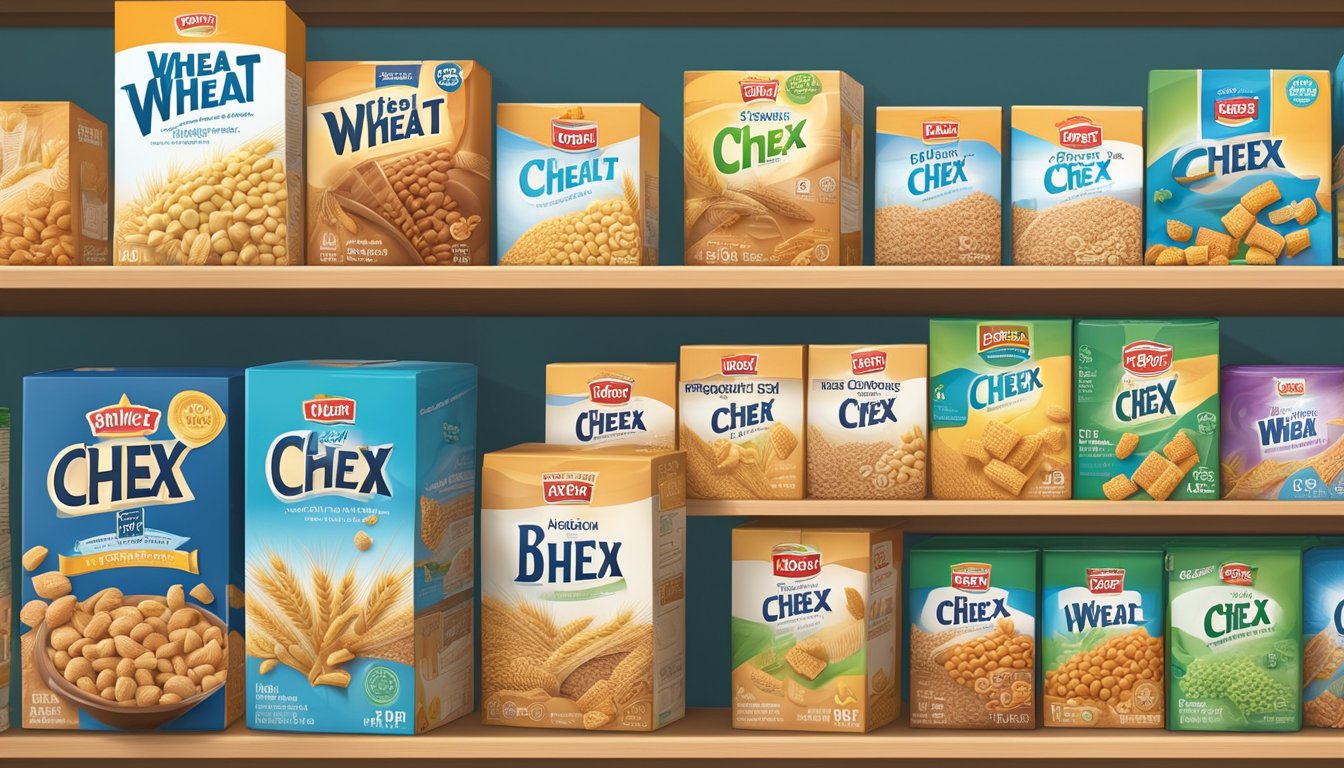 A box of Wheat Chex sits on a clean, organized pantry shelf, surrounded by other cereal boxes. The packaging is intact and the cereal appears fresh