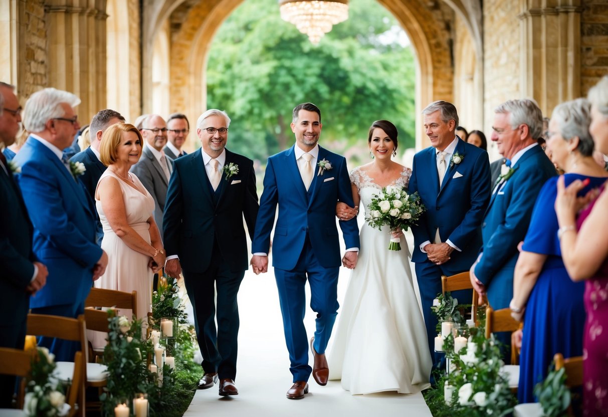 The groom walks down the aisle with his parents