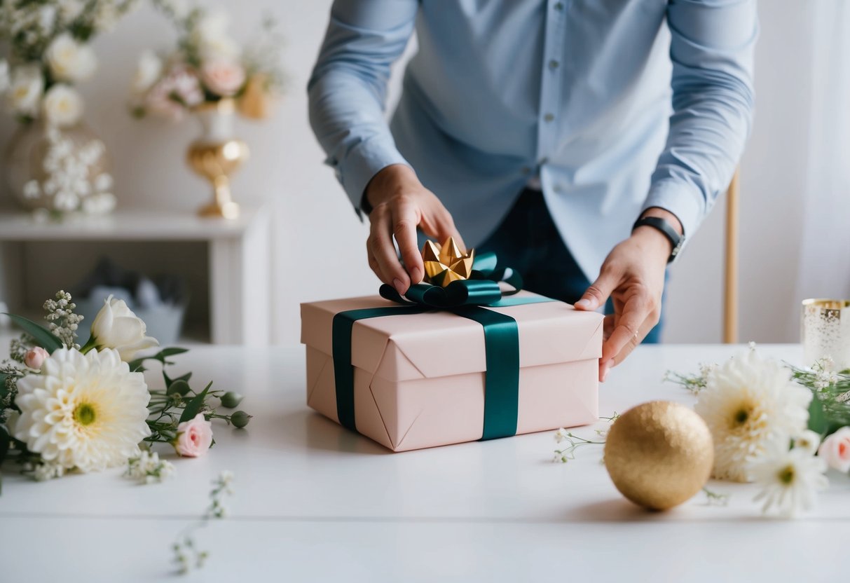A parent placing a beautifully wrapped gift box on a table, surrounded by delicate flowers and elegant decor