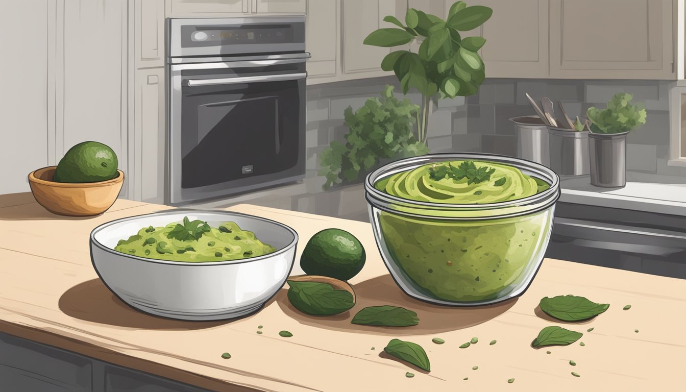 A half-empty container of guacamole sits on a kitchen counter, surrounded by avocado pits and browned, wilted cilantro