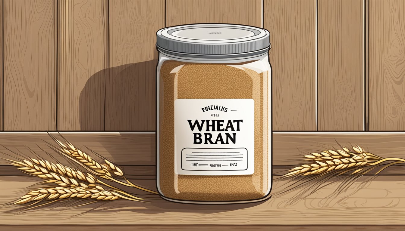 A sealed container of wheat bran on a pantry shelf, with a label indicating the date of purchase