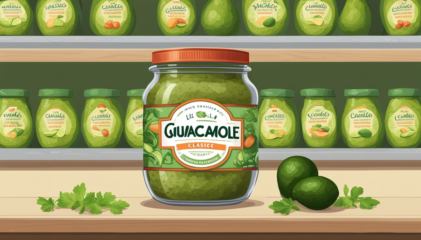 A jar of Wholly Guacamole Classic Guacamole sits on a shelf, surrounded by ripe avocados and fresh cilantro. The label indicates the product's expiration date