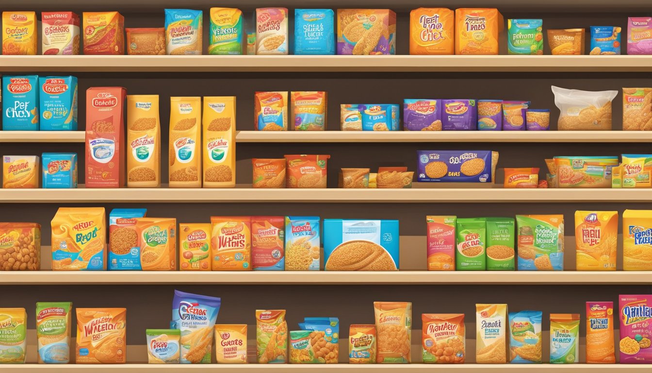 A box of Wheat Chex sits on a clean, organized pantry shelf, surrounded by other neatly arranged cereal boxes. The packaging is bright and colorful, with no signs of damage or spoilage