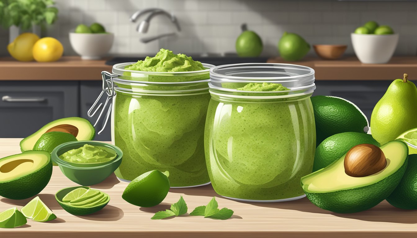 A jar of Wholly Guacamole Classic Guacamole sits open on a kitchen counter, surrounded by fresh avocados and limes