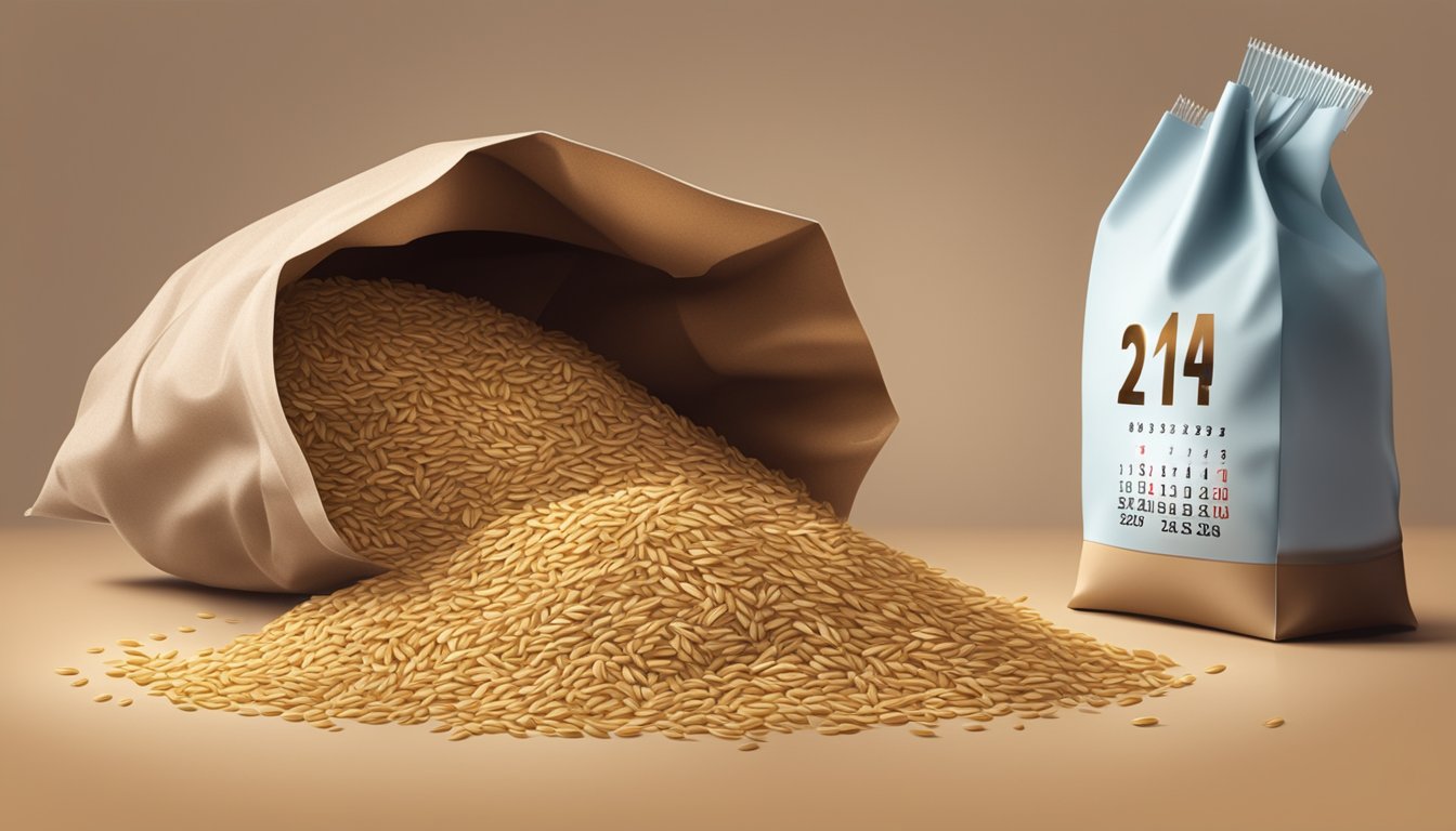 A pile of wheat bran spills out of an open bag, with a calendar showing the current date and an expiration date in the background