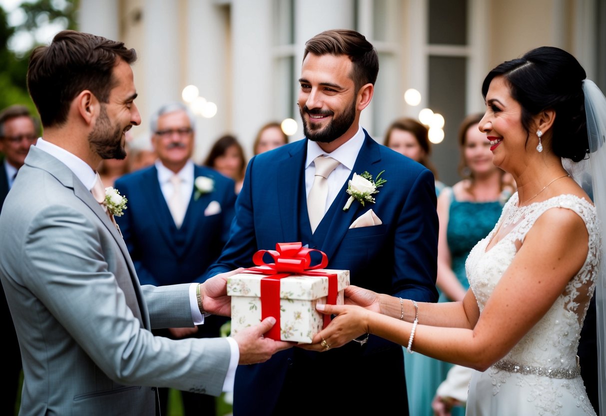 The groom receives a gift from the bride's parents at the wedding