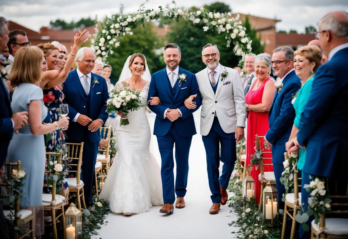 The groom walks down the aisle with his parents, surrounded by joyful guests and decorative elements