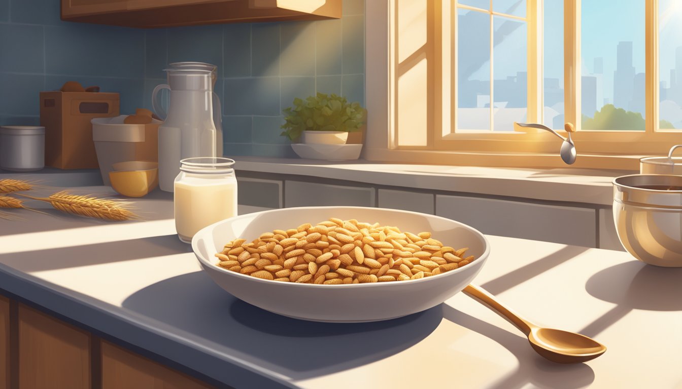 A bowl of Wheat Chex sits on a kitchen counter, surrounded by a carton of milk and a spoon. Sunlight streams in through a nearby window, casting a warm glow on the scene