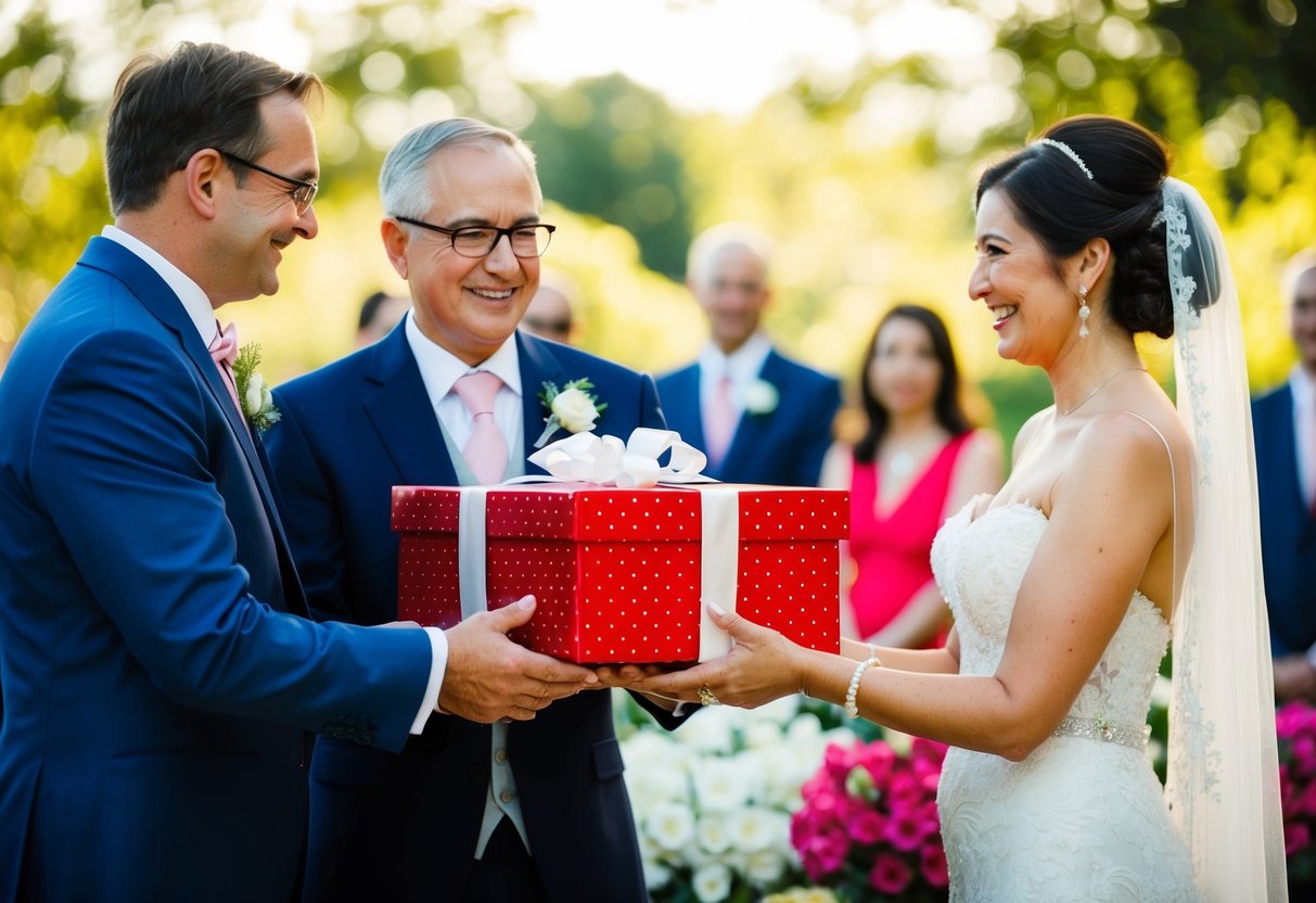 The bride's parents present a gift to the groom during the wedding celebration