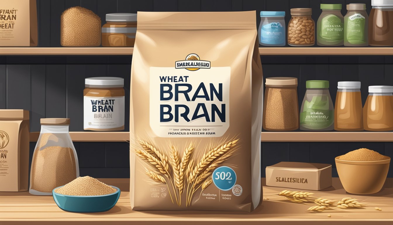 A sealed bag of wheat bran sits on a pantry shelf, surrounded by other dry goods. The expiration date is clearly visible