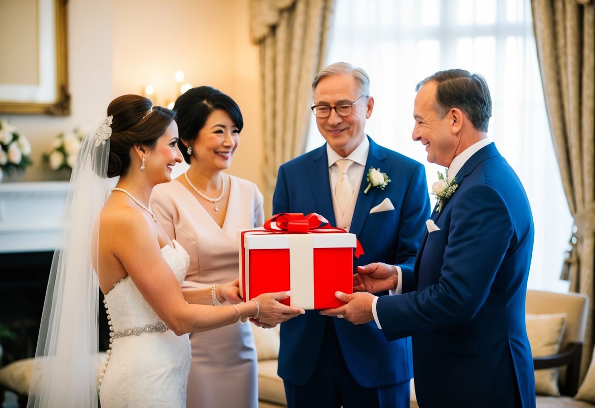 A bride's parents presenting a gift to the groom in a formal setting