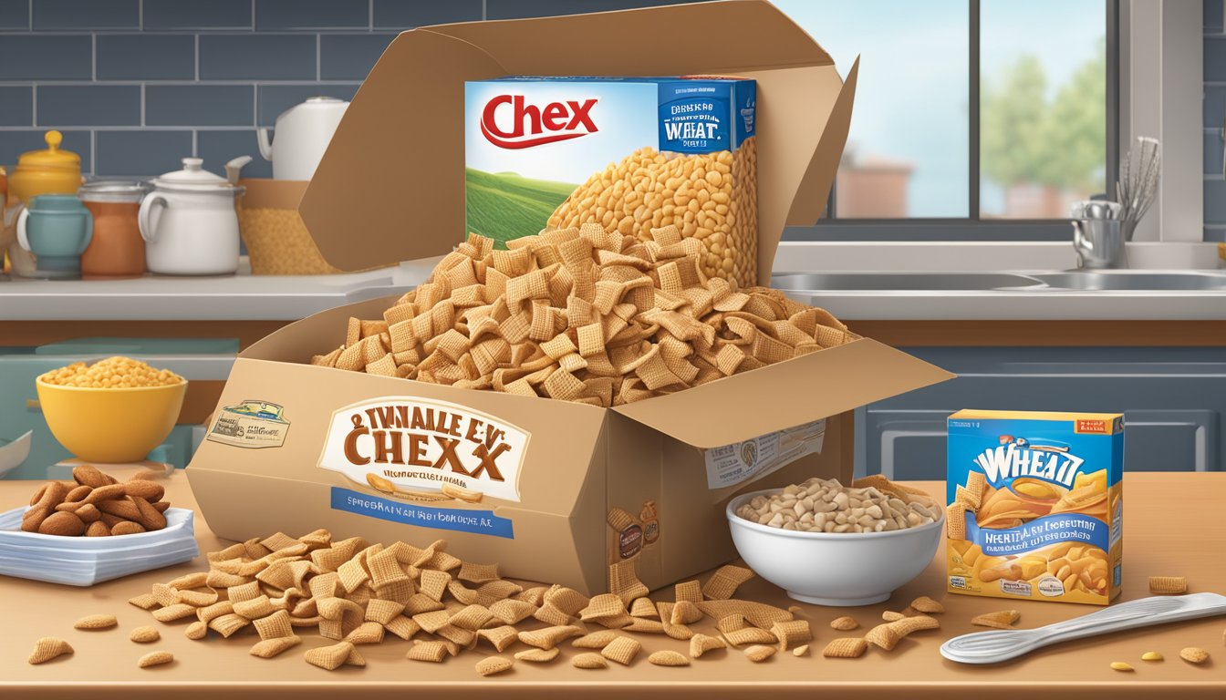 A box of Wheat Chex sits on a kitchen counter, surrounded by a variety of other Chex Mix ingredients. The box is open, with some cereal spilling out onto the counter