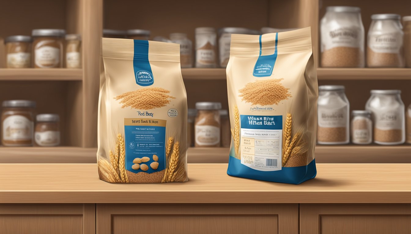 A bag of wheat bran sits on a pantry shelf, with a best-by date clearly displayed