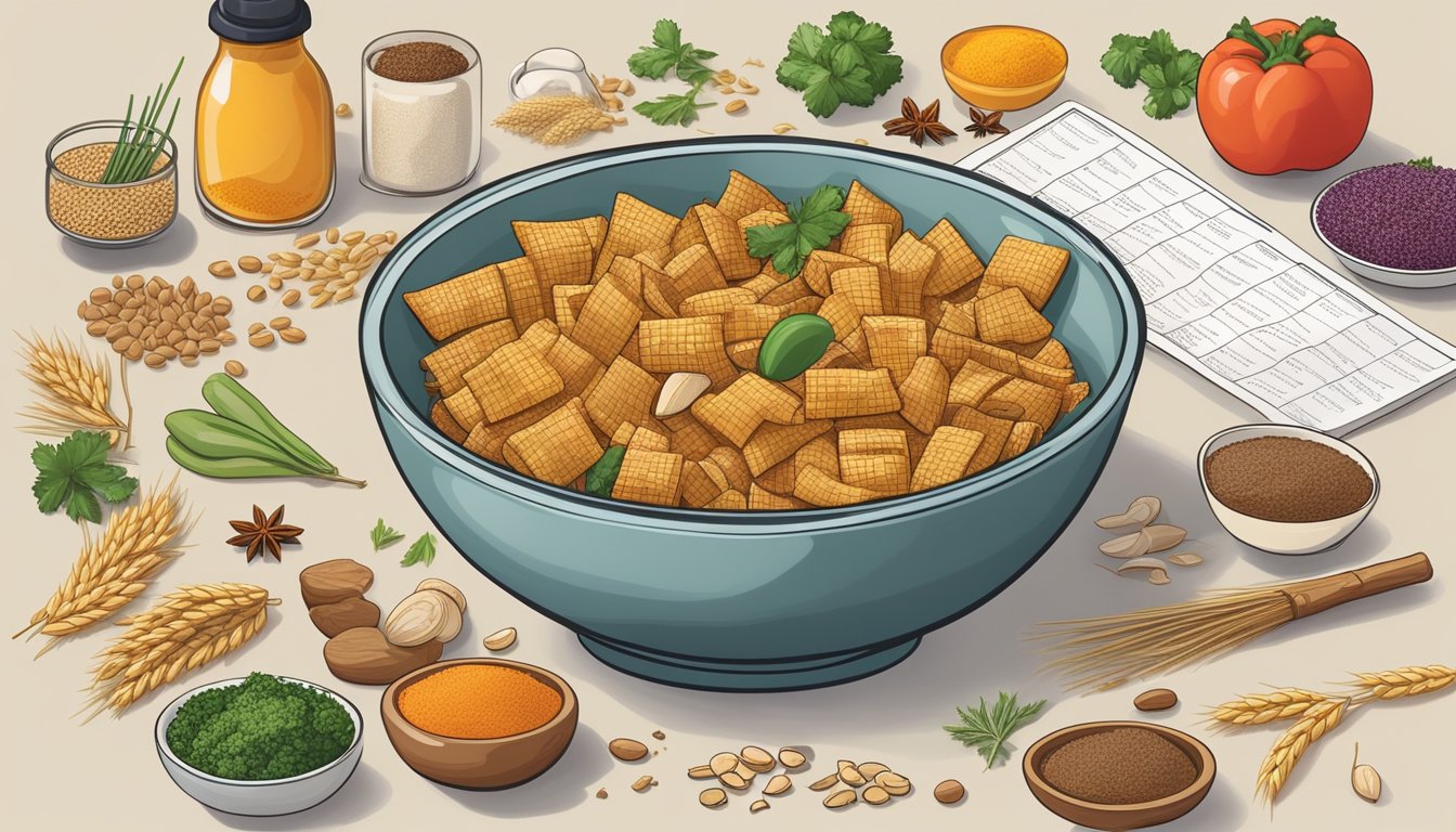 A bowl of Wheat Chex surrounded by ingredients from various cuisines, such as spices, herbs, and vegetables, with a calendar showing the expiration date