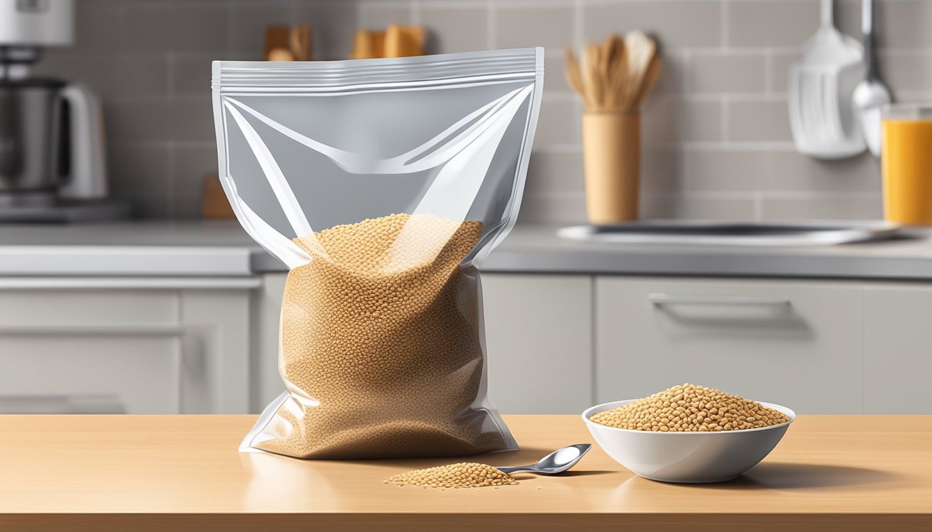 A clear, resealable plastic bag filled with wheat bran sitting on a kitchen countertop next to a measuring cup and a spoon