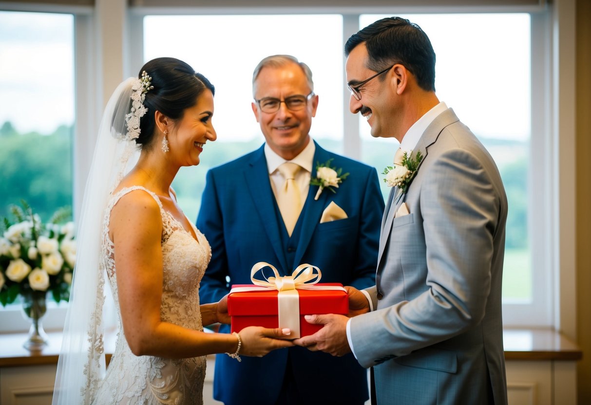 The bride's parents present a gift to the groom, symbolizing the unity and connection between the two families