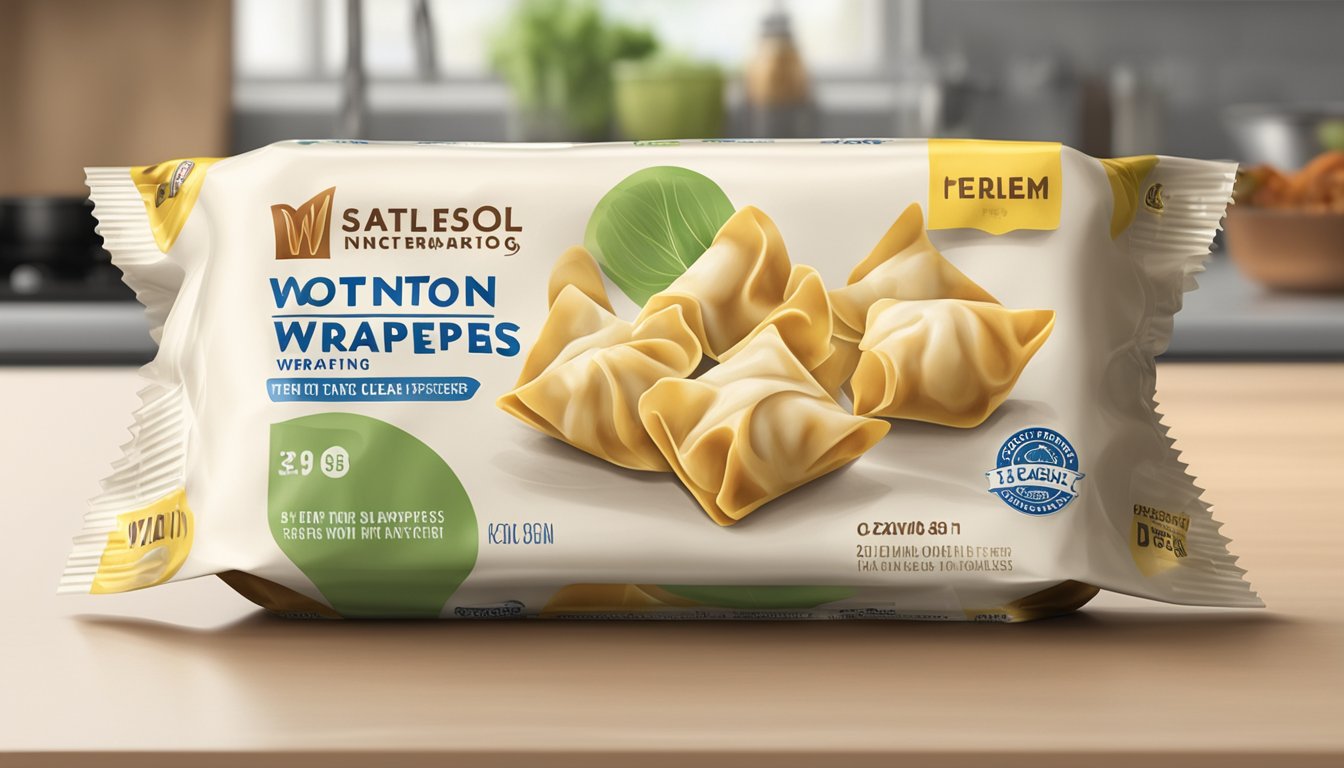 A package of wonton wrappers sits unopened on a clean, organized kitchen counter, with a clear expiration date visible on the packaging