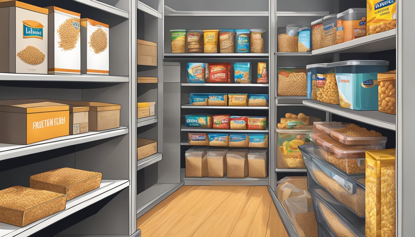 A pantry shelf with a box of Wheat Chex cereal, alongside a sealed bag for storing leftovers