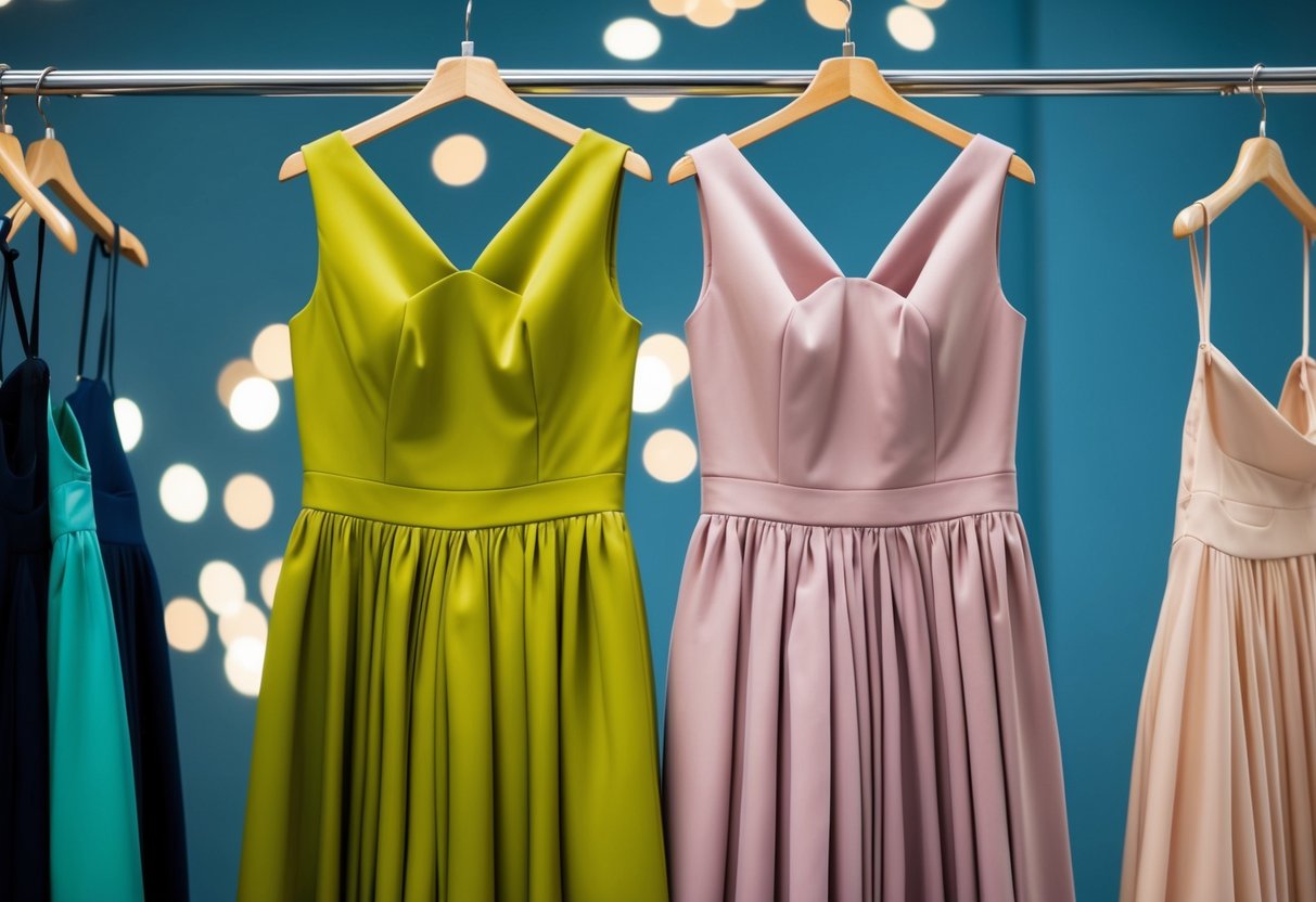 Two elegant dresses in the same color hang side by side on a clothing rack, showcasing different styles and fits