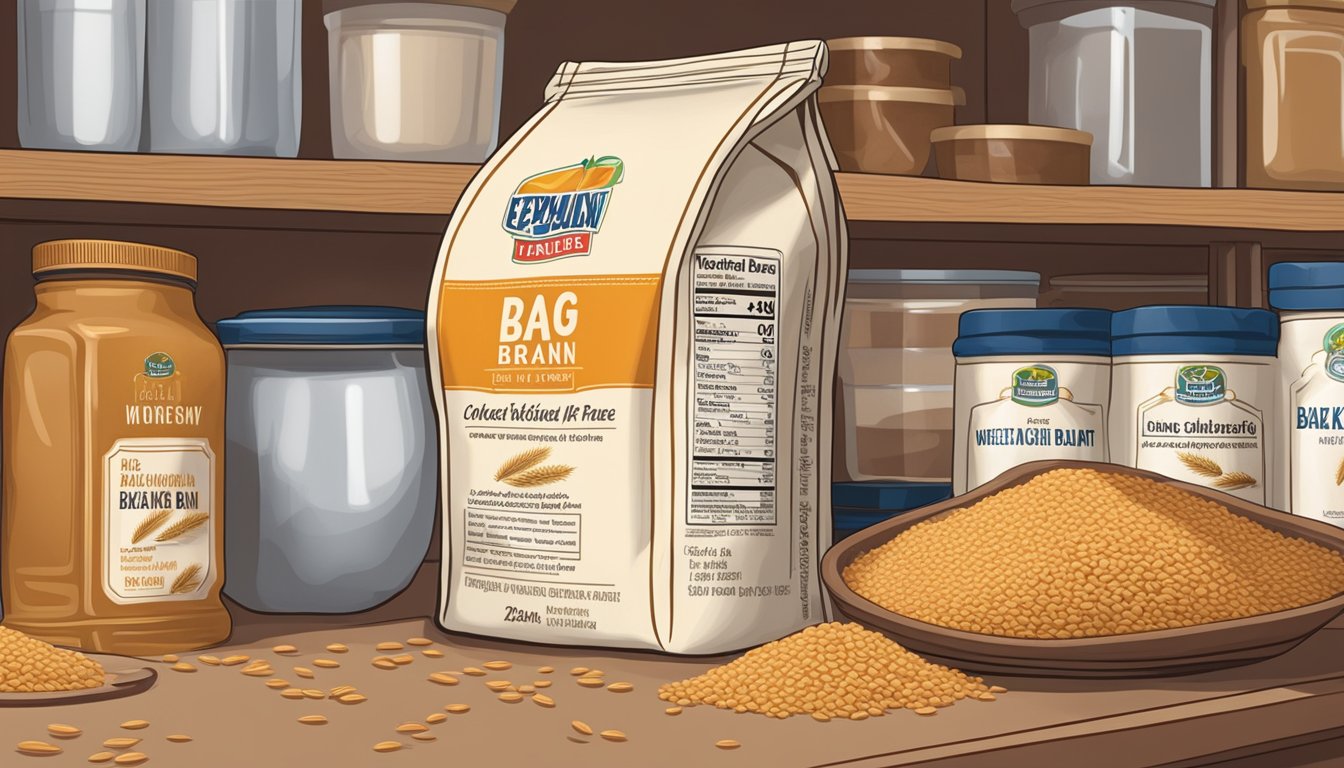 A bag of wheat bran sits on a pantry shelf, next to other baking ingredients. The label indicates the expiration date