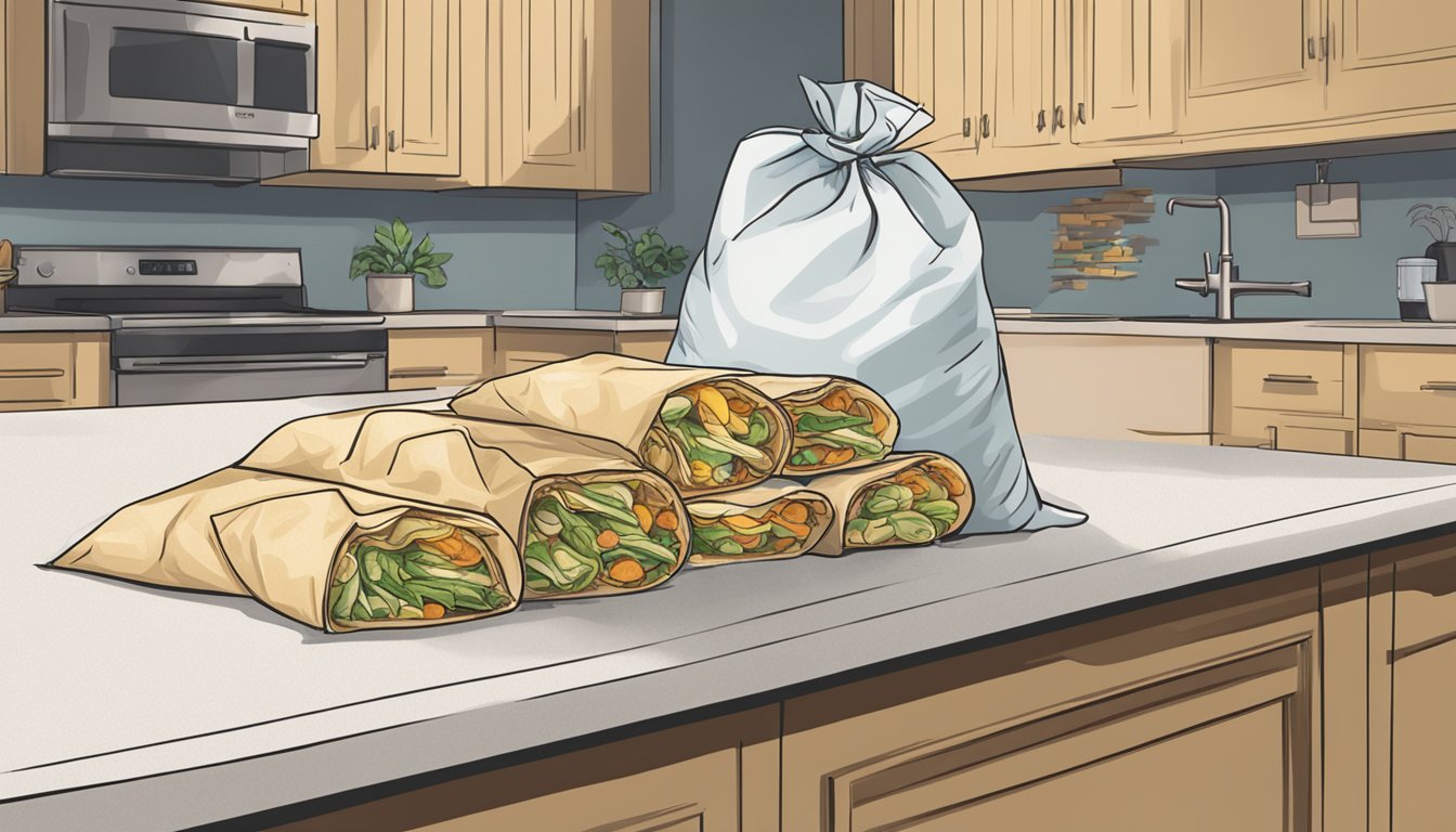 A stack of wonton wrappers sits on a kitchen counter next to a sealed bag of leftovers