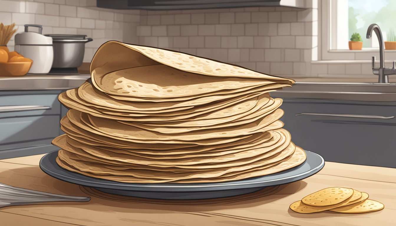 A stack of wheat tortillas sits on a kitchen counter, with one torn open to reveal the soft, pliable texture inside