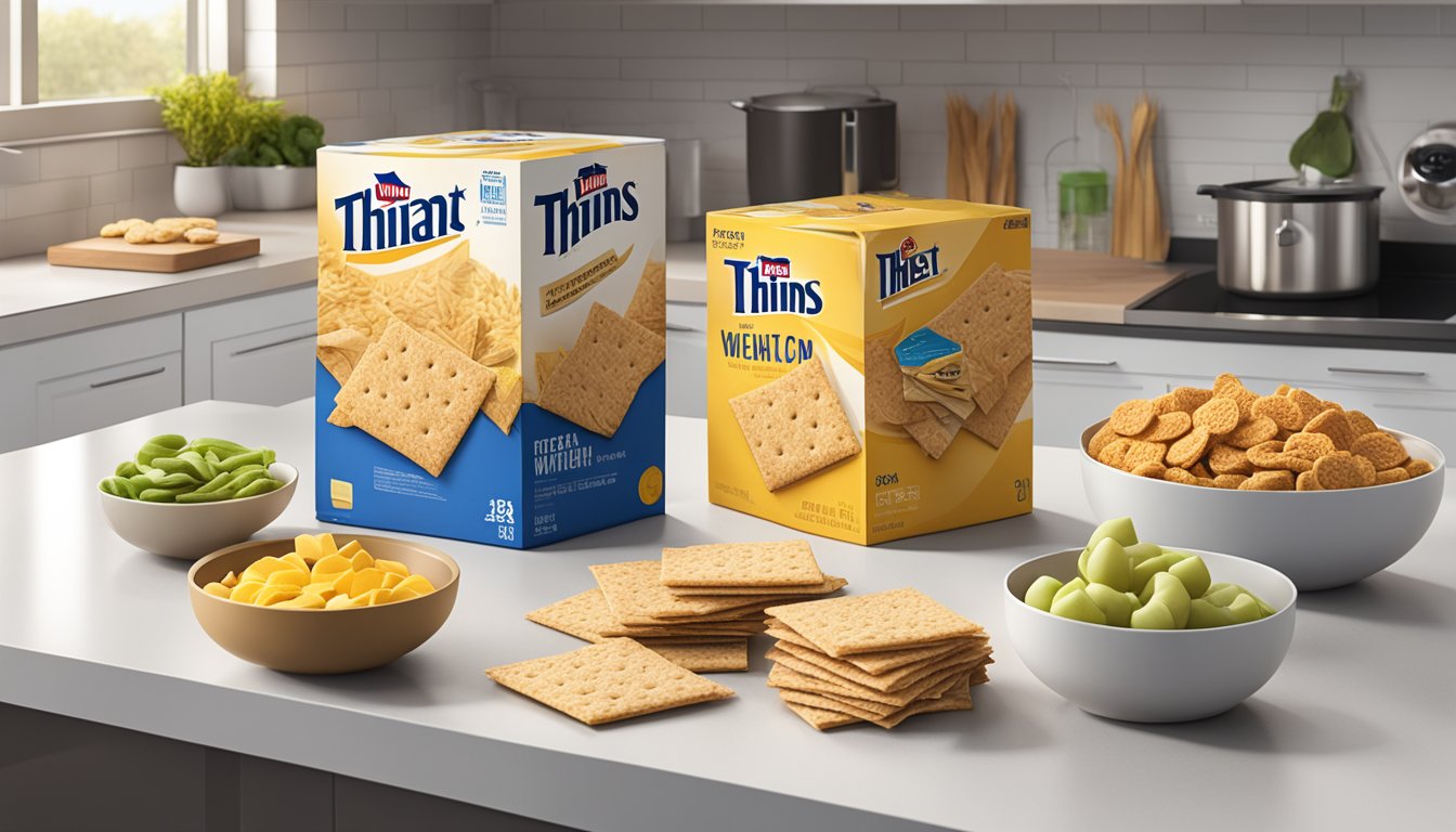 A box of Wheat Thins sits unopened on a clean, modern kitchen counter, surrounded by other snack options