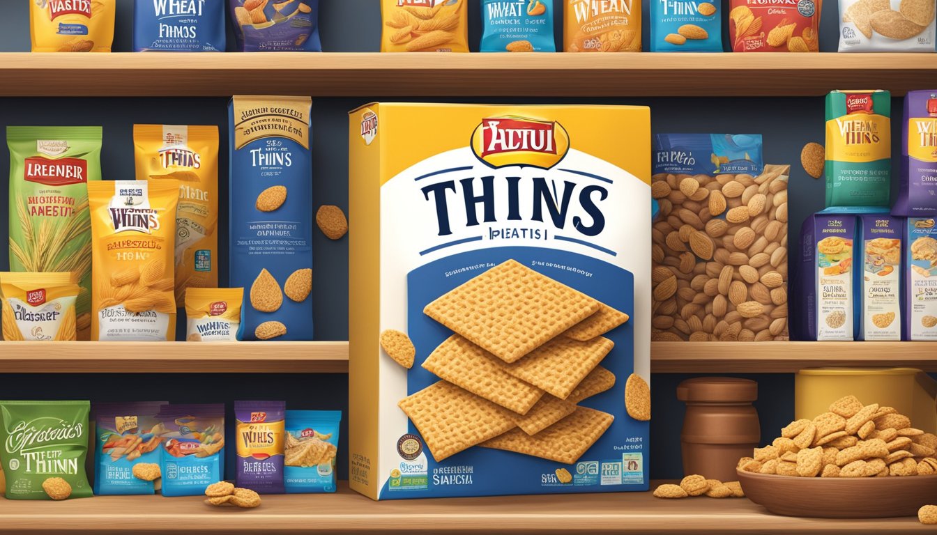 A box of Wheat Thins sits on a kitchen shelf, surrounded by other snacks and pantry items. The expiration date is prominently displayed on the packaging