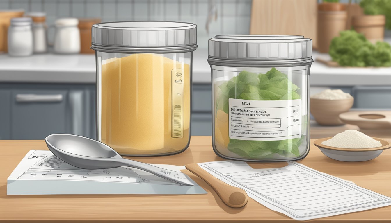 A clear, plastic container of xanthan gum sits on a kitchen counter, next to a measuring spoon and a recipe card