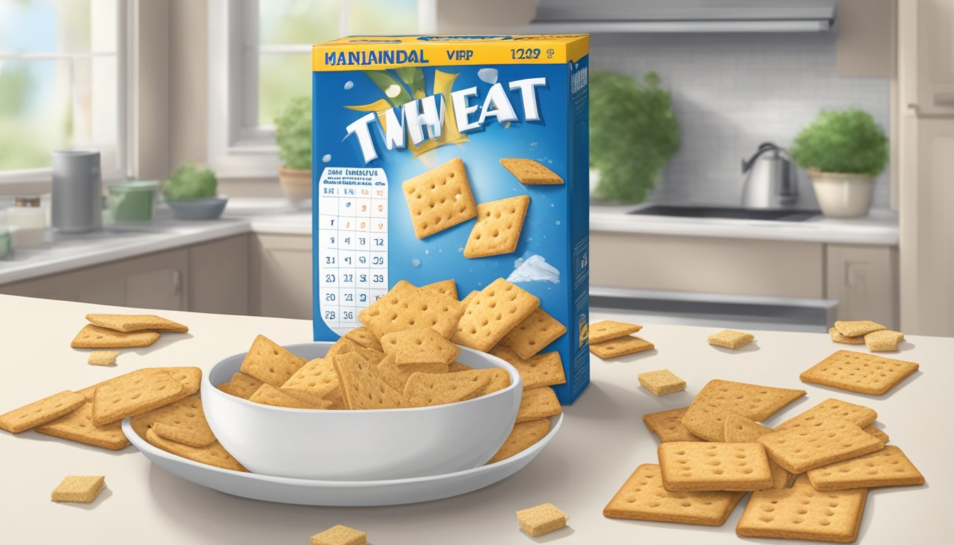 An open box of Wheat Thins with moldy crackers scattered on the counter. A calendar on the wall showing the current date