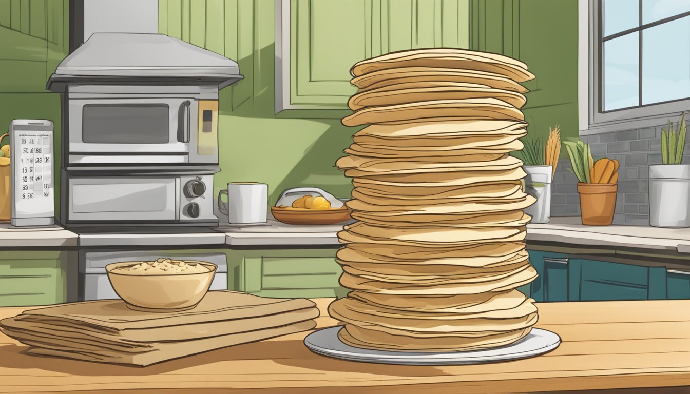 A stack of wheat tortillas sitting on a kitchen counter, with a calendar in the background showing the current date and a "best by" date circled