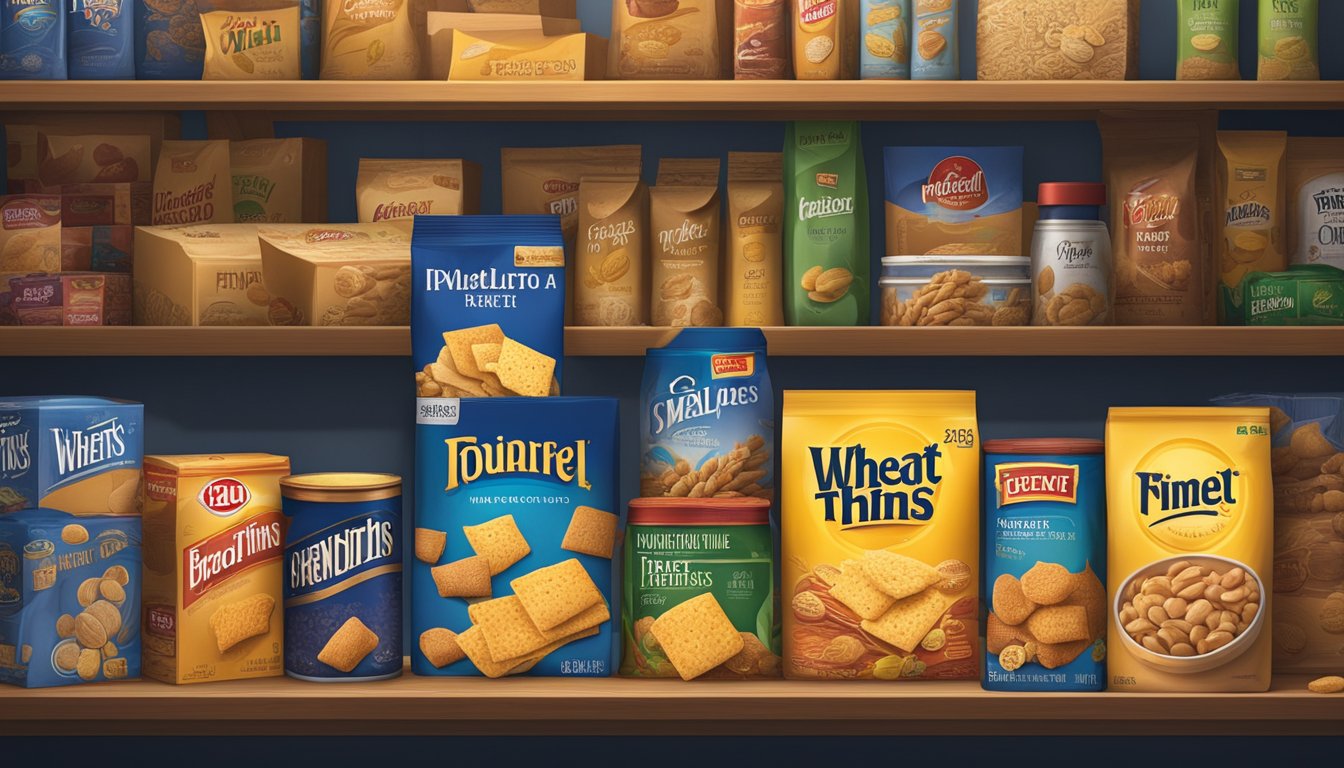 A box of Wheat Thins sits on a dusty shelf in a dimly lit pantry, surrounded by other snacks and canned goods