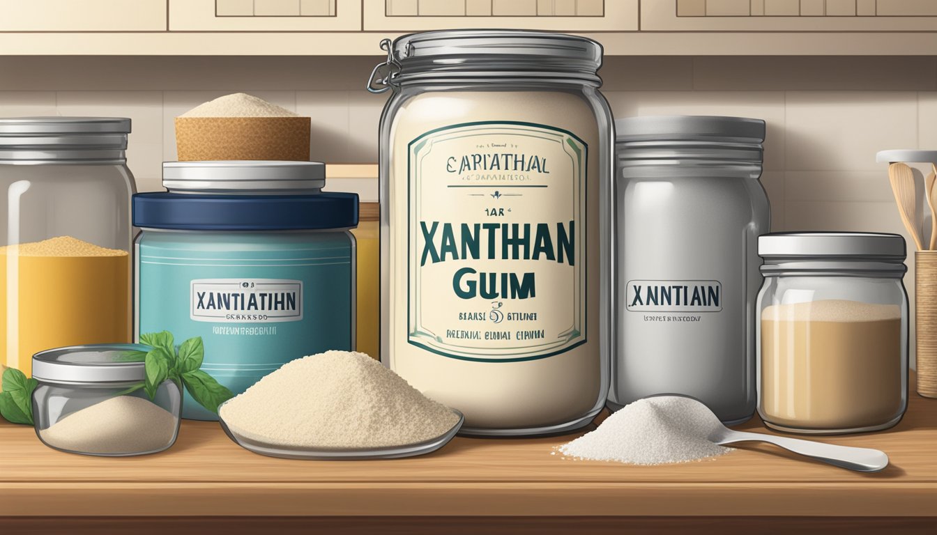 A jar of xanthan gum sits on a kitchen shelf, surrounded by other baking ingredients. The label on the jar indicates the expiration date