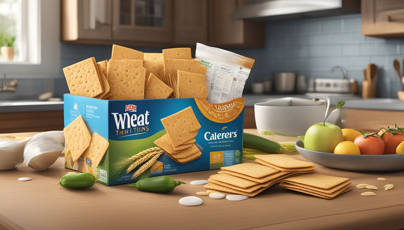 A box of Wheat Thins sits on a kitchen counter, surrounded by a variety of fresh ingredients and a calendar indicating the current date