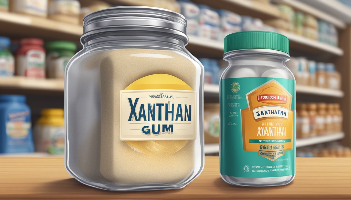 A jar of xanthan gum sits on a shelf, unopened and sealed. Its expiration date is clearly printed on the label