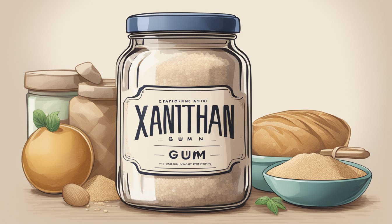 A jar of xanthan gum sits on a kitchen shelf, surrounded by other baking ingredients. The expiration date is clearly visible on the label