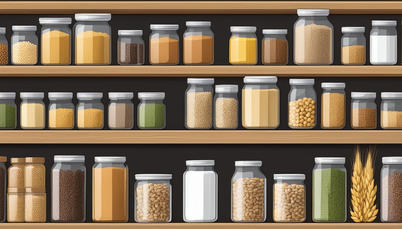 A pantry shelf with neatly organized boxes of Wheat Thins, next to jars of various alternative grains like quinoa, barley, and farro