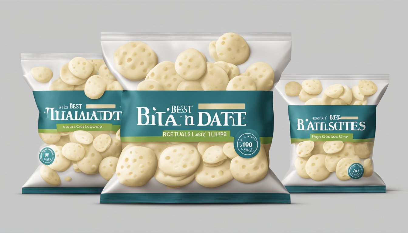 A stack of white chocolate chips in a sealed bag, with a "best by" date printed on the packaging