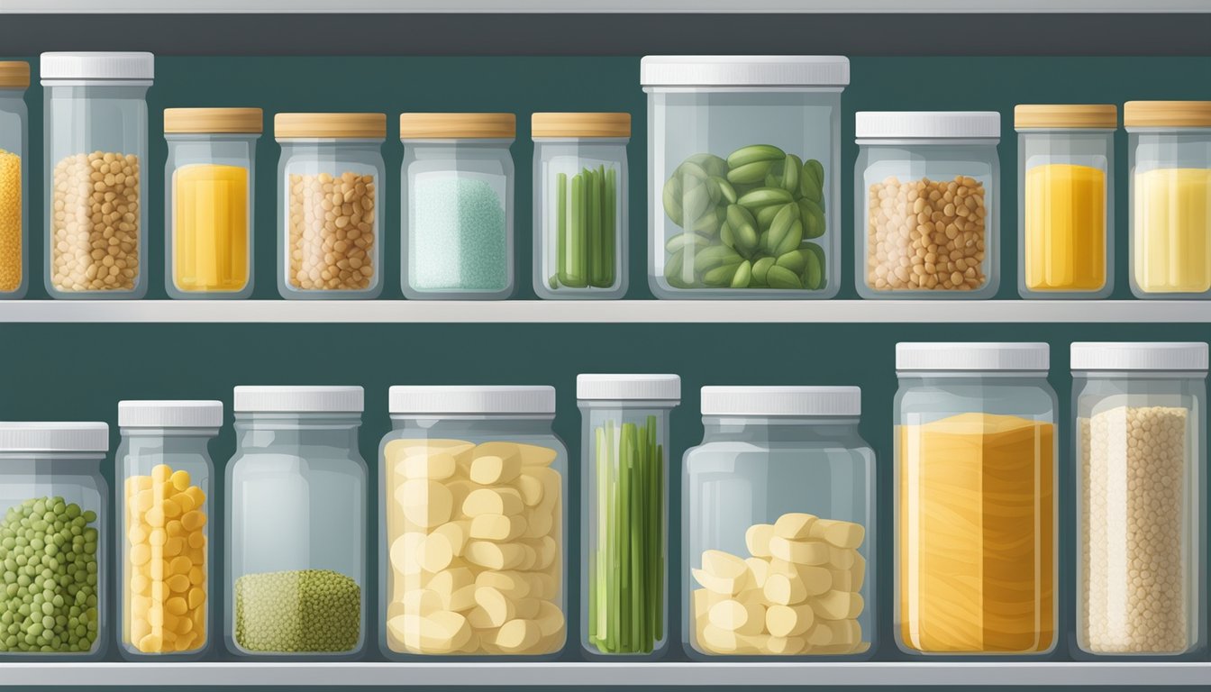 A pantry shelf with various alternative ingredients to xanthan gum, such as agar agar, guar gum, and psyllium husk, neatly organized in labeled containers